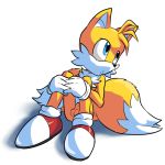  1:1 anthro balls blue_eyes canid canine clothing footwear fox fur genitals gloves goshaag handwear male mammal miles_prower mostly_nude penis simple_background sitting solo sonic_the_hedgehog_(series) video_games 