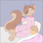  &lt;3 acorn anthro bed bed_covers bedding bedroom_eyes brown_body brown_fur buckteeth chipmunk food fruit fur furniture green_eyes ground_squirrel hi_res looking_at_viewer lying male mammal narrowed_eyes nut_(fruit) on_bed pillow pink_onesie pink_pajamas plant rodent sciurid seductive solo teeth zen_fetcher 