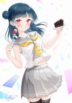  1girl absurdres bangs black_legwear blue_hair blush cake commentary_request dated eyebrows_visible_through_hair food fork fruit grey_sailor_collar grey_skirt grin hair_bun happy_birthday highres holding holding_fork holding_saucer long_hair looking_at_viewer love_live! love_live!_sunshine!! luna_(mi-chanman) pleated_skirt purple_eyes sailor_collar saucer shirt side_bun signature skirt slice_of_cake smile solo strawberry thighhighs tsushima_yoshiko white_background white_shirt yellow_neckwear 