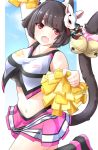  1girl :d animal_ears arm_up azur_lane bare_shoulders bell black_footwear black_hair black_legwear black_shirt breasts cat_ears cat_girl cat_tail collarbone cowboy_shot crop_top crop_top_overhang fang fox_mask gudon_(iukhzl) holding_pom_poms jingle_bell large_breasts leg_up looking_at_viewer mask mask_on_head midriff miniskirt navel open_mouth pink_skirt pleated_skirt red_eyes shirt shoes short_hair skirt sleeveless sleeveless_shirt smile socks solo stomach sweat tail undershirt white_shirt yamashiro_(azur_lane) 