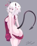  1girl ass back black_horns breasts demon_girl demon_horns demon_tail grey_background heart heart-shaped_pupils helltaker highres horns looking_at_viewer looking_back medium_breasts medium_hair meme_attire modeus_(helltaker) naked_sweater red_eyes red_sweater ribbed_sweater scarlet_zel simple_background solo standing sweater symbol-shaped_pupils tail virgin_killer_sweater white_hair 