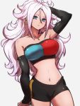  1girl android_21 black_shorts blue_eyes breasts cleavage closed_mouth detached_sleeves dragon_ball dragon_ball_fighterz earrings grey_background hair_between_eyes hand_up hoop_earrings jewelry kemachiku long_hair looking_at_viewer majin_android_21 midriff navel necklace shorts simple_background solo white_hair 