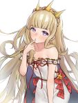  1girl absurdres bangs bare_shoulders blonde_hair blush breasts cagliostro_(granblue_fantasy) collarbone dress finger_to_chin granblue_fantasy highres long_hair looking_at_viewer nezuko off-shoulder_dress off_shoulder parted_lips purple_eyes simple_background small_breasts tiara very_long_hair white_dress 