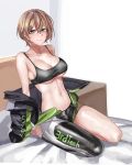  1girl absurdres bed black_shirt blonde_hair bodysuit breasts cleavage collarbone counter_side green_eyes highres jane_doe_(counter_side) looking_at_viewer medium_breasts medium_hair mmm_(ji1945) navel shirt shirt_lift simple_background sitting smile solo stomach 