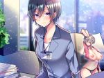  1girl aizawa_chihiro breasts formal hair_between_eyes holding_photo id_card indoors looking_at_viewer official_art original paper photo_(object) purple_eyes short_hair solo suit window 