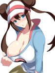  akire_zz blue_eyes breasts brown_hair hair_bun highres large_breasts long_sleeves looking_at_viewer mei_(pokemon) nipples one_breast_out pokemon pokemon_(game) pokemon_masters shirt sidelocks simple_background twintails 