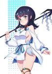  1girl absurdres bangs bare_shoulders black_hair blue_eyes blue_ribbon blush breasts closed_mouth dress fate/grand_order fate/requiem fate_(series) flying_sweatdrops fundoshi highres japanese_clothes jewelry large_breasts long_sleeves looking_at_viewer magatama magatama_hair_ornament medium_hair multicolored_hair necklace pelvic_curtain pink_hair polearm puffy_long_sleeves puffy_sleeves ribbon short_dress sideboob sideless_outfit softwareworker spear streaked_hair thighs utsumi_erise wavy_mouth weapon white_dress 