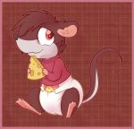  2014 anthro black_nose border brown_body brown_fur cheese cheese_wedge clothing cuddlehooves dairy_products diaper food fur hi_res holding_food holding_object looking_at_viewer mammal mouse murid murine patterned_background pink_feet red_border red_clothing red_eyes red_sweater red_topwear rodent sitting smile solo sweater topwear 