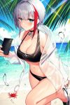  1girl admiral_graf_spee_(azur_lane) azur_lane bangs bare_legs bare_shoulders beach bikini bikini_under_clothes black_bikini black_choker blue_eyes blunt_bangs blush breasts choker cleavage closed_mouth collarbone commentary_request crab day glint high_heels kinsenka_momi leaning_forward light_rays long_sleeves medium_breasts multicolored_hair navel ocean open_clothes outdoors palm_leaf red_hair see-through short_hair silver_hair smile solo standing standing_on_one_leg stomach streaked_hair sunbeam sunlight swimsuit thighs two-tone_hair water water_drop white_footwear 