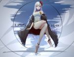  1girl azur_lane bare_legs bare_shoulders barefoot black_cape breasts cape china_dress chinese_clothes covered_navel crossed_legs dress enterprise_(azur_lane) flower fur_trim gold_trim hair_flower hair_ornament hand_on_own_thigh large_breasts long_hair looking_at_viewer off_shoulder purple_eyes side_slit silver_hair sitting sleeveless sleeveless_dress solo spider_lily taut_clothes taut_dress thighs very_long_hair wangchuan_de_quanyan white_dress 