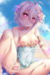  1girl armlet bangs beach blue_sky blush breasts breasts_outside collarbone covered_navel elf eyelashes flower green_swimsuit hair_between_eyes hair_flower hair_ornament heart heart-shaped_pupils highres hypnosis kokkoro_(princess_connect!) looking_at_viewer mind_control miyabi_urumi nipples parted_lips pink_eyes pointy_ears princess_connect! princess_connect!_re:dive pussy shore short_hair silver_hair sitting sky small_breasts spread_legs spread_pussy swimsuit swimsuit_aside swimsuit_pull symbol-shaped_pupils thighs 