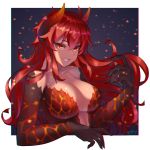  1girl bangs breasts center_opening dola_(nijisanji) dragon_girl dragon_horns embers eyebrows_visible_through_hair hair_between_eyes horns large_breasts long_hair looking_at_viewer nijisanji red_eyes red_hair sharp_teeth slit_pupils smile solo teeth upper_body virtual_youtuber yasawa_kichi 