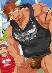  2boys absurdres alternate_costume animal_ears bangs bara bare_shoulders brown_hair bulge chest couple facial_hair forked_eyebrows glowing_horns gunzo_(tokyo_houkago_summoners) h_masahiro highres horns jockstrap looking_at_viewer male_focus manly multiple_boys muscle native_american open_mouth pectorals sleeveless smile sportswear thick_eyebrows thighs tokyo_houkago_summoners underwear upper_body wakan_tanka yaoi 