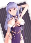  1girl absurdres artist_name azur_lane breasts dido_(anxious_bisque_doll)_(azur_lane) dido_(azur_lane) dress dress_straps hairband hand_in_hair highres kep_(ahokep) large_breasts long_hair looking_at_viewer purple_dress purple_eyes purple_hair simple_background solo thigh_strap thighs 