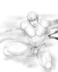  1boy abs alternate_hairstyle bara blush bulge chest facial_hair fate/grand_order fate_(series) fundoshi goatee japanese_clothes looking_at_viewer male_focus muscle napoleon_bonaparte_(fate/grand_order) pectorals scar sideburns sketch smile solo soulga3 thighs underwear underwear_only 