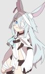  1girl animal_ears bandage_over_one_eye bandages blue_eyes bunny_ears gloves highres little_witch_nobeta long_hair monica_(little_witch_nobeta) open_mouth sharp_teeth silver_hair smile solo takashiru teeth white_tabard 