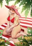  5_fingers absurd_res anthro bikini brown_eyes clothing day detailed_background equid equine eyebrows eyelashes female fingers fur hi_res hooves horse kneeling kyotoleopard lab_(disambiguation) mammal outside solo swimwear tan_body tan_fur 