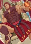  1boy absurdres armor bara beard bracer chest cleavage_cutout curtains facial_hair fate/grand_order fate/zero fate_(series) greek_clothes h_masahiro highres holy_grail_(fate) iskandar_(fate) leather looking_at_viewer male_focus manly muscle pectorals red_eyes red_hair sandals solo thighs throne upper_body veins 
