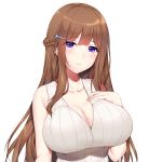  1girl absurdres blue_eyes braid breasts brown_hair cleavage diletta hair_ornament hairclip hand_up highres large_breasts long_hair original simple_background smile solo upper_body white_background 