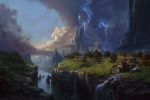  blue_sky cloud cloudy_sky commentary day dragon highres house landscape mountain no_humans original outdoors philipp_urlich river scenery sky thunder tree water waterfall wyvern 