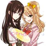  2girls ;d aihara_mei aihara_yuzu black_hair black_neckwear blonde_hair blush bow bowtie citrus_(saburouta) collared_shirt commentary_request copyright_name eyebrows_visible_through_hair green_eyes hair_between_eyes long_hair looking_at_viewer multiple_girls nail_polish necktie one_eye_closed open_mouth pink_shirt purple_eyes red_bow red_nails red_neckwear school_uniform shirt signature sketch smile sugano_manami sweater_vest upper_body v white_background white_shirt yellow_bow yuzu_(fruit) 