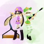  1:1 2017 animal_humanoid boots callie_(splatoon) cephalopod cephalopod_humanoid clothing duo eyewear female footwear hat headgear headwear hi_res howxu humanoid inkling marie_(splatoon) marine marine_humanoid mask mollusk mollusk_humanoid nintendo pseudo_hair ranged_weapon smile splatoon squid_sisters_(splatoon) sunglasses tentacle_hair tentacles video_games weapon yellow_eyes 