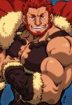  1boy 41raco armor bara beard biceps breastplate cape chest commentary_request facial_hair fate/grand_order fate/zero fate_(series) highres iskandar_(fate) leather male_focus muscle red_eyes red_hair smile teeth upper_body veins 