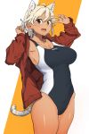  1girl :d ahoge animal_ear_fluff animal_ears armpits bangs blonde_hair breasts cat_ears cat_girl cat_tail cleavage collarbone commentary competition_swimsuit cowboy_shot dark_skin extra_ears fang hair_between_eyes hands_up jacket kr_ohoshisama large_breasts long_sleeves looking_at_viewer one-piece_swimsuit open_clothes open_jacket open_mouth original red_jacket simple_background skin_fang smile solo swimsuit tail v_over_eye 