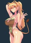  1girl animal_ears arm_behind_head ass bangs bare_shoulders blue_background blush breasts cameltoe covered_navel covered_nipples english_commentary erica_(naze1940) green_eyes hair_between_eyes highres lion_ears lion_girl lion_tail long_hair one-piece_swimsuit original ponytail simple_background solo swimsuit tail w 