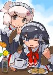  2girls ;d animal_ears bangs black_bow blowhole blue_eyes blush_stickers bottle bow commentary_request cookie cup eyebrows_visible_through_hair flower food frills grey_eyes grey_hair hair_bow highres holding holding_tray kemono_friends kemono_friends_3 long_sleeves looking_at_viewer maid maid_headdress multicolored_hair multiple_girls narwhal_(kemono_friends) one_eye_closed open_mouth pig_(kemono_friends) pig_ears plate red_neckwear rinx short_hair smile teacup tray white_hair 