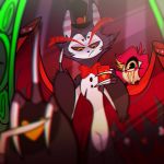  1:1 1_eye angry anthro clothing demon domestic_cat duo felid feline felis female gesture hat hazbin_hotel headgear headwear husk_(hazbin_hotel) instagram male mammal middle_finger mirror niffty_(hazbin_hotel) official_art phone selfie smile solo vivzmind 