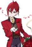  1boy ahoge aosuki88 blue_eyes bouquet flower formal gloves jacket looking_at_viewer male_focus necktie red_eyes red_flower red_hair red_rose riddle_rosehearts rose short_hair simple_background smile suit twisted_wonderland white_gloves 