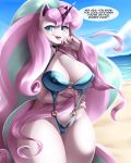  2020 4:5 anthro anthrofied beach blue_eyes breasts cleavage clothed clothing cloud detailed_background dialogue digital_media_(artwork) english_text equid female galarian_rapidash hi_res horn looking_at_viewer mammal mleonheart nintendo nipple_outline open_mouth outside pok&eacute;mon pok&eacute;mon_(species) regional_form_(pok&eacute;mon) sand seaside sky solo speech_bubble talking_to_viewer text video_games water 