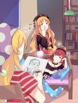  ... american_flag_dress blonde_hair bookshelf chair clownpiece drawing hecatia_lapislazuli junko_(touhou) multiple_girls musical_note nose_picking pose red_hair sakikagami sketching sketchpad sparkle spoken_musical_note touhou 