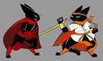  accessory angry anthro black_body black_fur bracers_sister brother brother_and_sister cape cartoon_network clothing digitigrade domestic_cat duo felid feline felis female fight fur gi_(disambiguation) green_eyes headband hi_res jizeru katana male mammal mao_mao:_heroes_of_pure_heart melee_weapon red_clothing sheriff_mao_mao_mao sibling sister sword weapon 