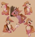  2019 anthro black_nose brown_background canid canine canis cheek_tuft chest_tuft coyote crossed_arms facial_tuft fangs head_tuft inner_ear_fluff male mammal multiple_poses open_mouth open_smile pawpads pose simple_background smile solo streetfair teeth tongue tuft 