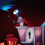  1:1 anthro avian balcony bird blue_body blue_feathers cigarette demon feathers helluva_boss instagram male night official_art owl red_sky sky smoking solo stolas_(vivzmind) vivzmind 