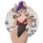  1:1 anthro breasts cervid clothed clothing digital_media_(artwork) english_text extrafurrestrial female fur hair hi_res looking_at_viewer mammal meme nipples pinup pose simple_background solo text thick_thighs 