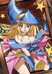  1girl absurdres bangs bare_shoulders blonde_hair blue_footwear blush_stickers boots breasts cleavage collarbone commentary_request dark_magician_girl green_eyes hair_between_eyes hat highres long_hair looking_at_viewer open_mouth shiny shiny_skin solo star_(symbol) tokiani tongue wizard_hat yuu-gi-ou 