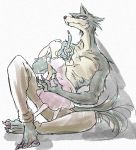  2020 anthro barefoot beastars bottomwear canid canine canis clothed clothing duo fur grey_body grey_fur haru_(beastars) ktandoku lagomorph legoshi_(beastars) leporid mammal pants rabbit simple_background sitting standing topless white_background white_body white_fur wolf 