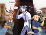  2020 anthro antlers beastars bird_dog blurred_background bodily_fluids bottomwear breath canid canine canis cervid clothed clothing crossed_arms detailed_background dialogue domestic_dog english_text fully_clothed fur grey_body grey_fur group holding_object horn hunting_dog jack_(beastars) labrador legoshi_(beastars) louis_(beastars) male mammal necktie outside panting pants retriever shirt speech_bubble streetfair sweat sweatdrop t-shirt tan_body tan_fur text tongue tongue_out topwear wolf 