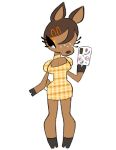  accessory anthro big_breasts breasts brown_hair cellphone cervid cleavage clothed clothing dress eyelashes eyeshadow female freckles hair hair_accessory hi_res hooves long_eyelashes makeup mammal nicolas_px_(artist) phone solo 