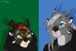  4_ears anami_ertone anthro black_body black_fur blue_eyes charr felid female fur green_eyes grey_body grey_fur guild_wars horn mammal multi_ear simple_background strypes video_games 