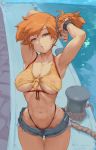  1girl armpits arms_up black_panties blue_eyes breasts cutesexyrobutts denim denim_shorts gym_leader highres kasumi_(pokemon) large_breasts looking_at_viewer navel nintendo orange_hair outdoors panties parted_lips pinup pokemon pokemon_(anime) see-through shiny shiny_hair shirt short_hair shorts side_ponytail solo standing thong unbuttoned_shorts underboob underwear water yellow_shirt 