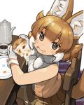 1girl animal_ear_fluff animal_ears bangs bare_shoulders bow bowtie brown_eyes brown_hair brown_skirt carpet chair coffee coffee_pot commentary dhole_(kemono_friends) eating eyebrows_visible_through_hair food food_on_face fur_collar gloves highres japari_symbol kemono_friends kemono_friends_3 looking_at_viewer multicolored_hair pizza plate pleated_skirt rinx shirt sitting skirt sleeveless sleeveless_shirt solo tail two-tone_hair white_background white_gloves white_hair 