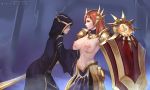  1girl areolae armor armored_dress azto_dio breast_grab breasts brown_eyes brown_hair commentary ear_protection english_commentary fog forehead_protector grabbing hair_ornament headgear highres holding_shield large_breasts league_of_legends leona_(league_of_legends) long_hair navel nipples pauldrons robe shield shiny shiny_hair shoulder_armor topless watermark web_address wide_sleeves 