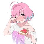  1girl absurdres ahoge blush bread collarbone crying eyebrows_visible_through_hair fang food frown hair_intakes highres idolmaster idolmaster_cinderella_girls jelly knife multicolored_hair off-shoulder_shirt off_shoulder one_eye_closed open_mouth peanut_butter pink_eyes pink_hair shirt short_hair skeleton_print t-shirt tears tomatomagica two-tone_hair white_background wiping_tears yumemi_riamu 