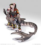  4_arms 4_legs anthro crouching facial_piercing female fish marine multi_arm multi_leg multi_limb multifur nose_piercing pac phone piercing shark slurpee solo 