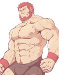  1boy 444151390 abs bara beard body_hair bulge chest facial_hair fate/grand_order fate/zero fate_(series) highres iskandar_(fate) looking_at_viewer male_focus male_underwear manly muscle nipples pectorals red_eyes red_hair scar shirtless smile solo underwear underwear_only upper_body white_background 