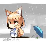  1girl animal_ear_fluff animal_ears bangs barefoot blue_umbrella chibi closed_mouth cloud cloudy_sky collarbone commentary_request dated day dress eyebrows_visible_through_hair flower fox_ears fox_girl fox_tail hair_between_eyes highres light_brown_hair long_sleeves looking_away original outdoors purple_flower rain red_eyes sky solo tail tail_raised umbrella v-shaped_eyebrows white_dress yuuji_(yukimimi) 